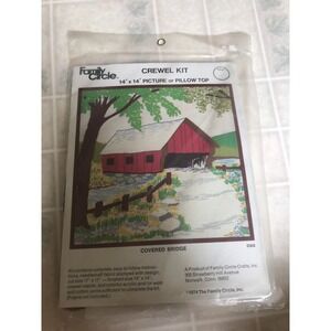 Vintage Family Circle crewel Kit Red covered Bridge